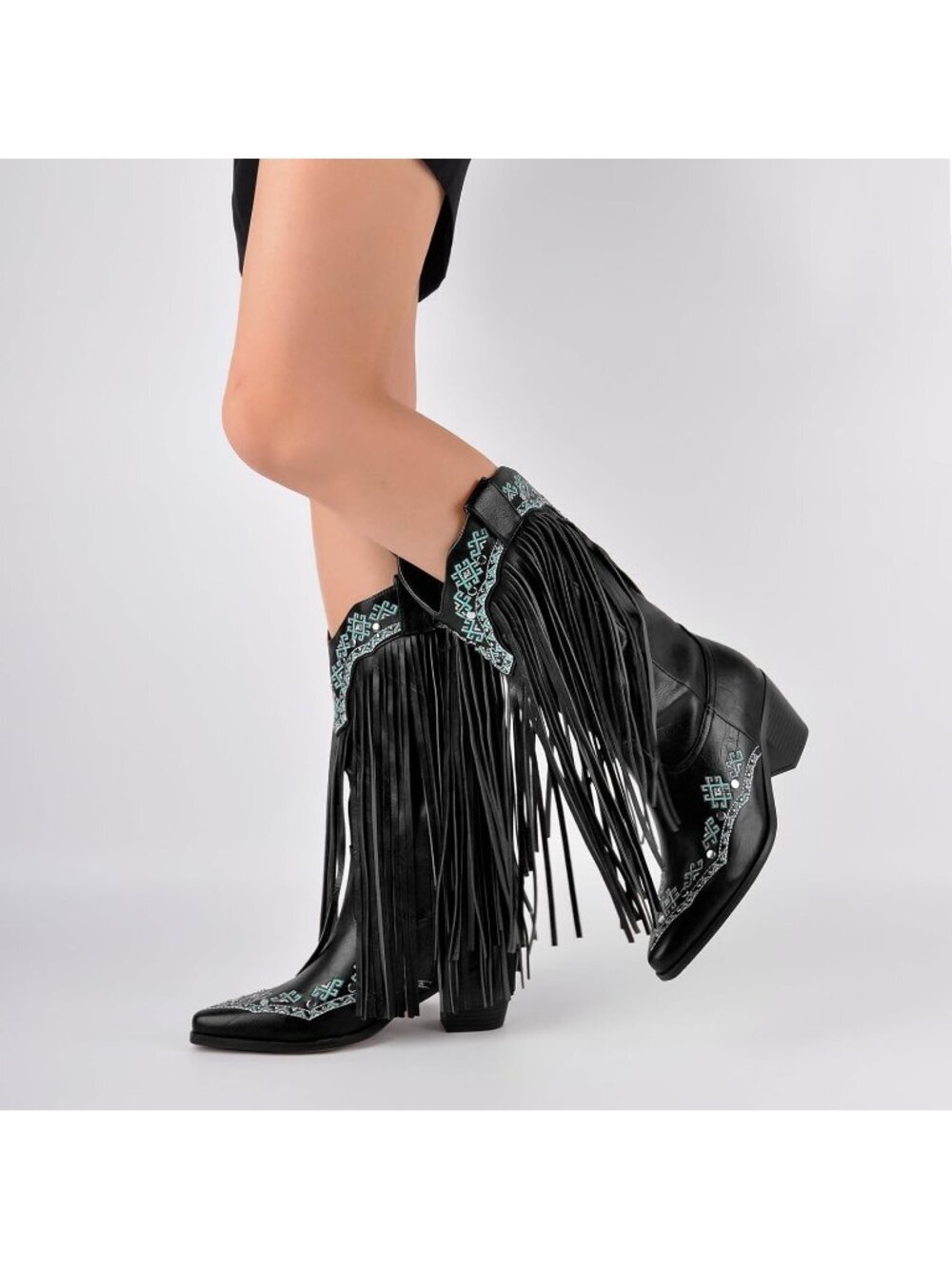 Women's Black Fringe Mid Calf Boots with Rivets Embroidered - Picture 4 of 6